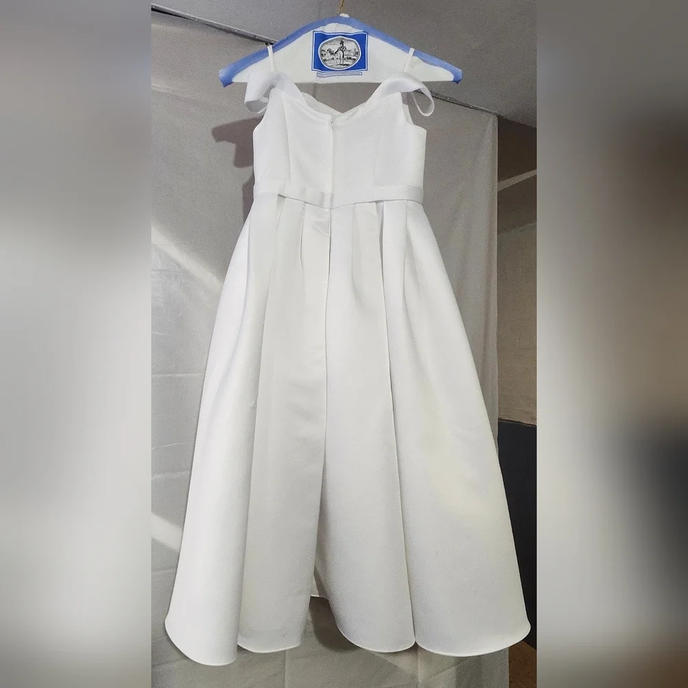 David's Bridal Girl Satin Off Shoulder White Dress W/ Some Light Imperfections - Picture 2 of 11